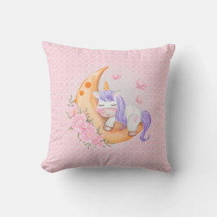 Baby Unicorn Over The Moon with Flowers  Cushion