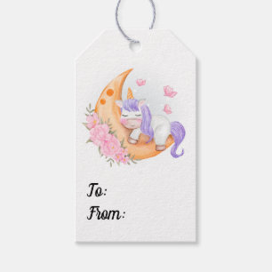 Baby Unicorn Over The Moon with Flowers     Gift T Gift Tags