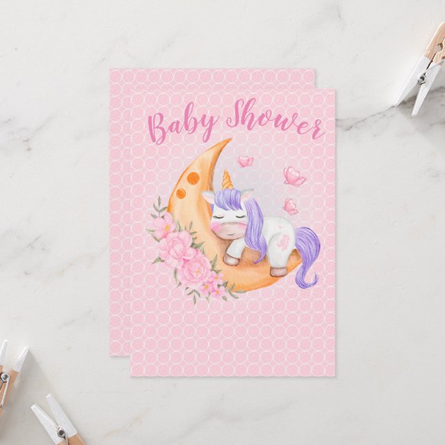 Baby Unicorn Over The Moon with Flowers Invitation (Front/Back In Situ)