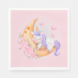Baby Unicorn Over The Moon with Flowers Napkin
