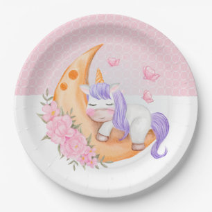 Baby Unicorn Over The Moon with Flowers    Paper Plate