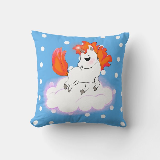 Baby Unicorn with Orange Hair on White Cloud Cushion (Front)