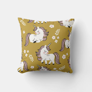 Baby unicorns, flowers, yellow vintage pattern. cushion