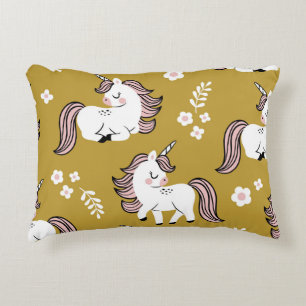 Baby unicorns, flowers, yellow vintage pattern. decorative cushion