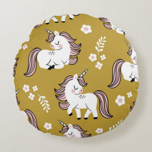 Baby unicorns, flowers, yellow vintage pattern. round cushion