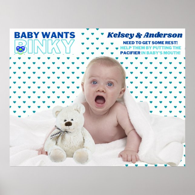 Baby Wants Binky | Fun Baby Shower Game Poster (Front)