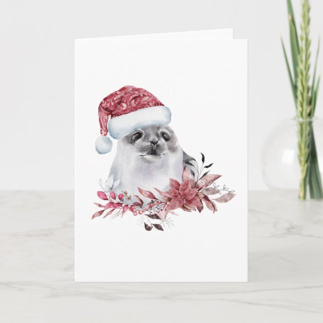 Baby Water Seal Wearing Christmas Hat Card (Front)