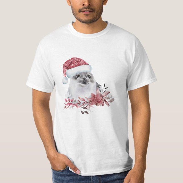 Baby Water Seal Wearing Christmas Hat T-Shirt (Front)