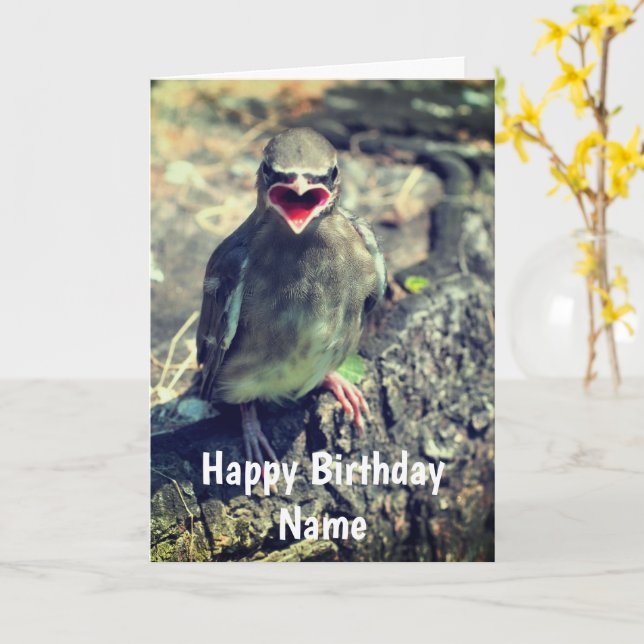 Baby Waxwing Bird Personalised Birthday Card (Yellow Flower)