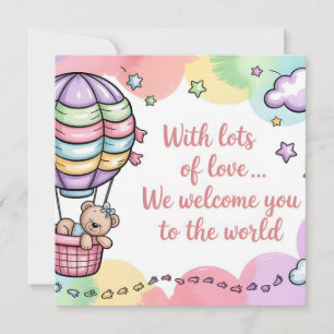 Baby Welcome with Teddy Bear in Hot Air Balloon Holiday Card