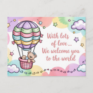 Baby Welcome with Teddy Bear in Hot Air Balloon Postcard