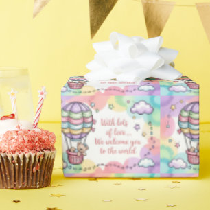 Baby Welcome with Teddy Bear in Hot Air Balloon Wrapping Paper
