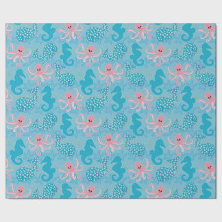Baby Whale, Octopus, & Seahorse on Aqua Wrapping Paper