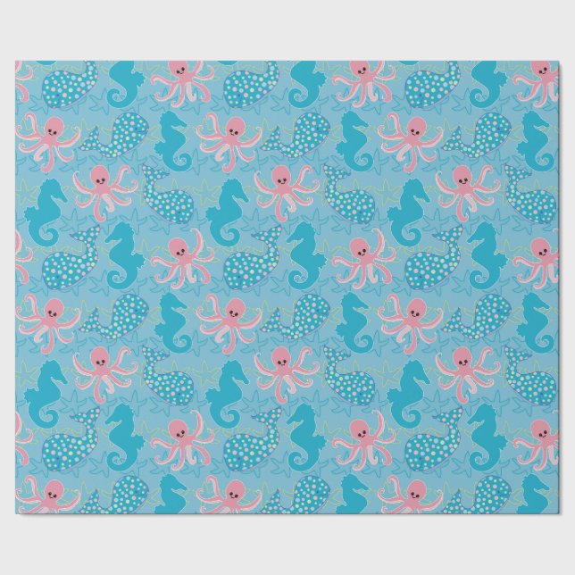 Baby Whale, Octopus, & Seahorse on Aqua Wrapping Paper (Seam)