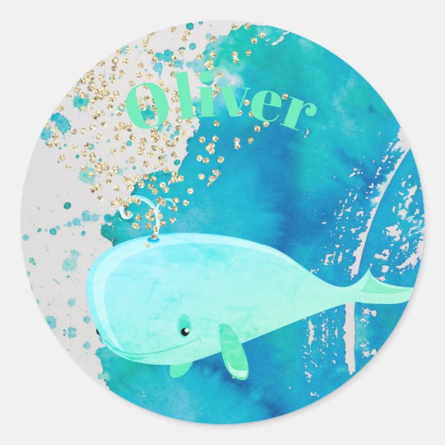 Baby  Whale Sparkle Blue Nautical Personal Classic Round Sticker (Front)
