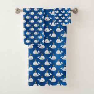 Baby Whales Blue and White Kid's Pattern  Bath Towel Set