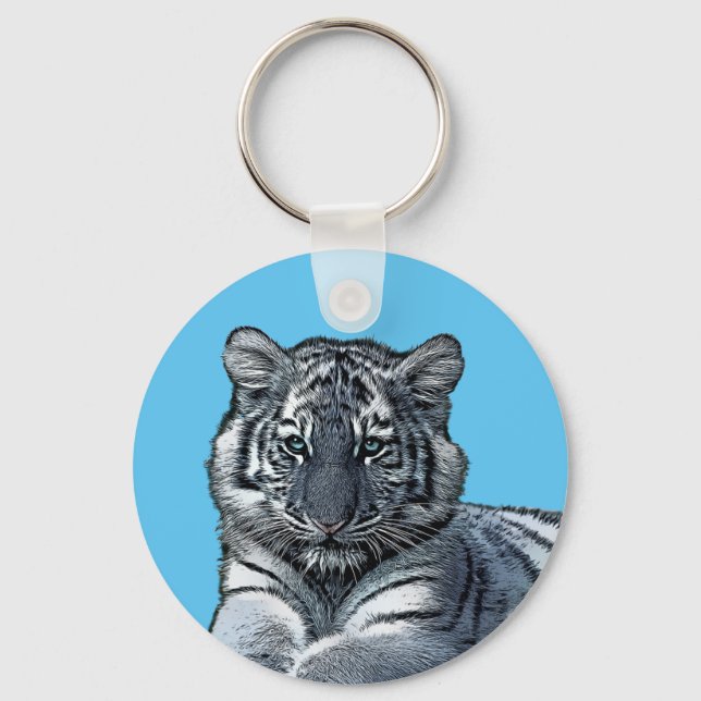 baby white baby tiger cub jungle safari animal art key ring (Front)