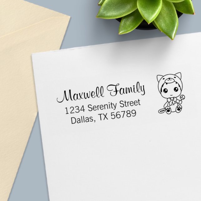 Baby White Cat Costume Family Address Self-inking Stamp (Creator Uploaded)