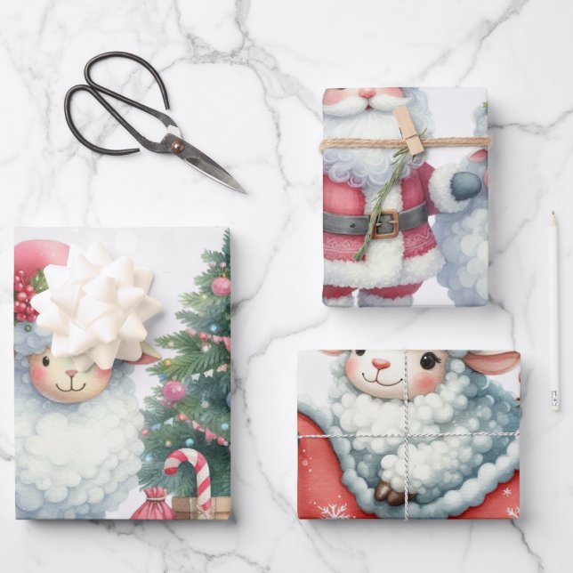 Baby White Lambs Christmas Kids Wrapping Paper Sheet (Front)