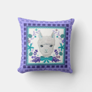 Baby White Llama Blue Eyes Purple & Blue-Green Cushion