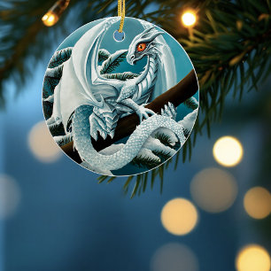 Baby White Winter Dragon Ceramic Tree Decoration