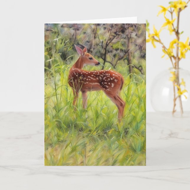 Baby Wild Deer Fawn Art Nature Note Card (Yellow Flower)