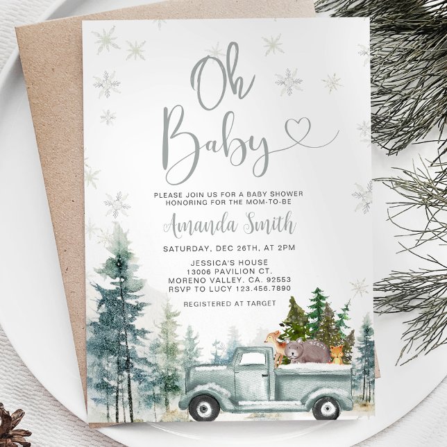 Baby Winter Rustic Truck Snowflakes Baby Shower  Invitation (Creator Uploaded)