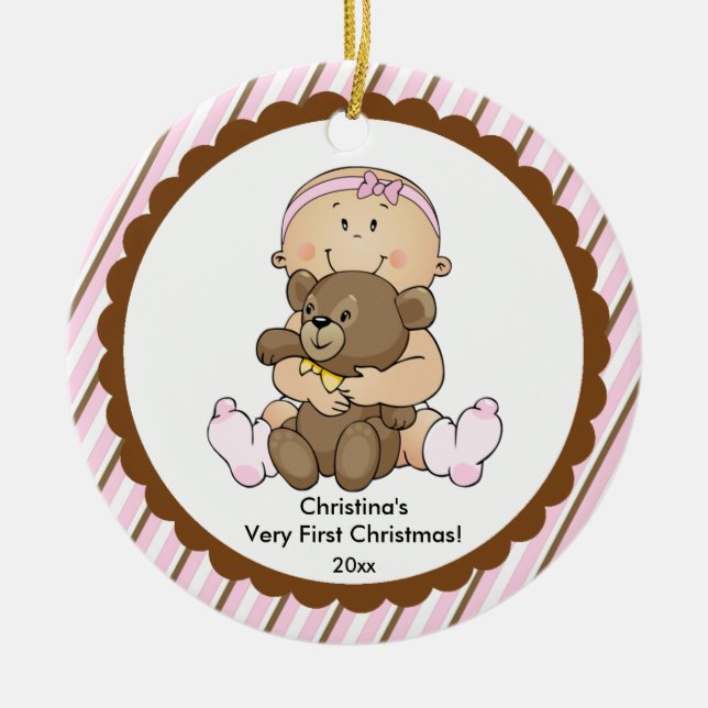 Baby with Bear Baby's First Christmas Ornament (Front)