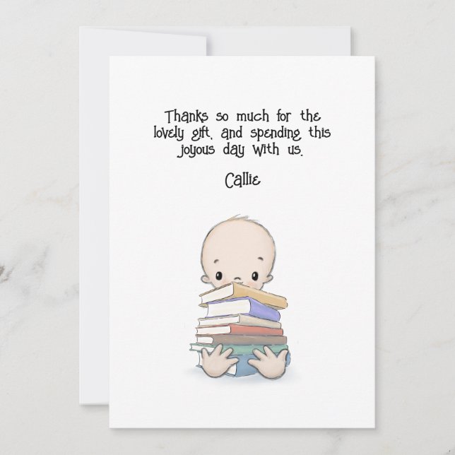 Baby With Books Thank You, Personalizable Thank You Card (Front)