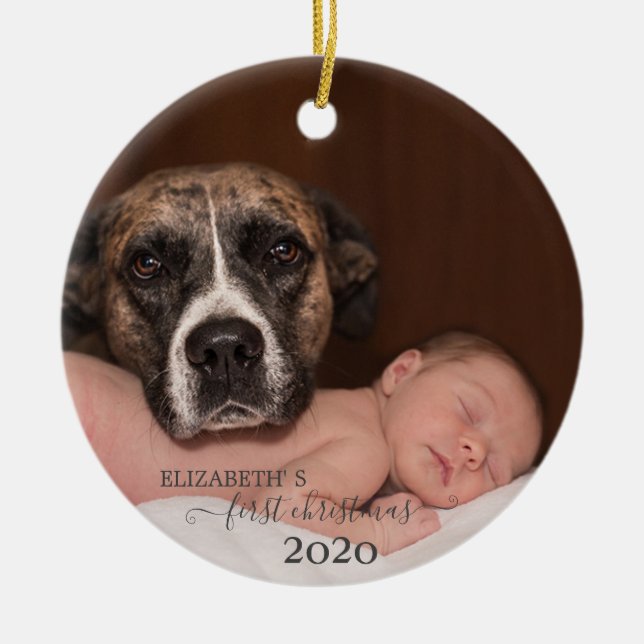 Baby With Dog,First Christmas,Photo Ceramic Tree Decoration (Front)