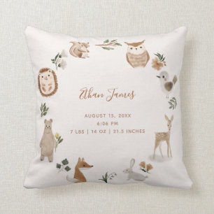 Baby Woodland Animals Birth Stats Keepsake Cushion