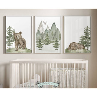 Baby Woodland Bear Nursery Prints - Set of 3