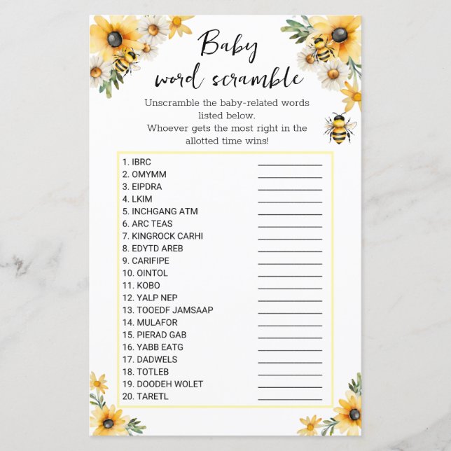 Baby word scramble baby bee baby shower game (Front)