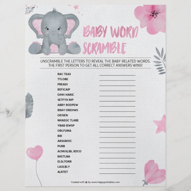 Baby Word Scramble [Baby Elephant [Pink]] Custom Letterhead (Front)