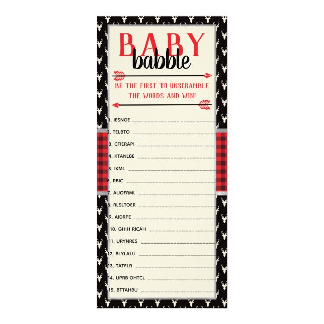 Baby Word Scramble, Baby Shower, Buffalo Plaid Rack Card (Front)