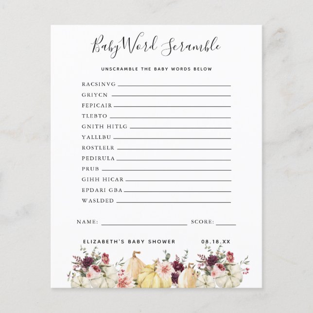 Baby Word Scramble | Baby Shower Game (Front)