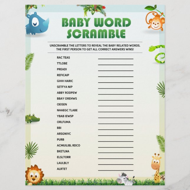 Baby Word Scramble Baby Shower Game [Animal Theme] Custom Letterhead (Front)