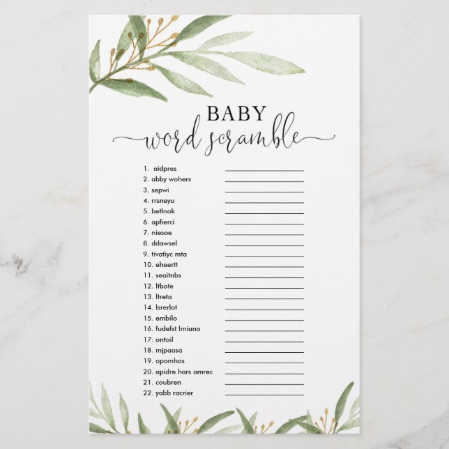Baby word scramble baby shower game gold greenery (Front)