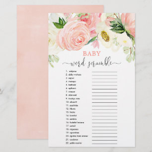 Baby word scramble baby shower game pink greenery