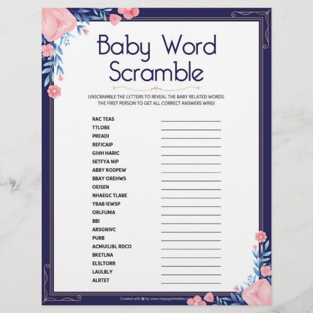 Baby Word Scramble [Floral Frame] Custom Letterhead (Front)