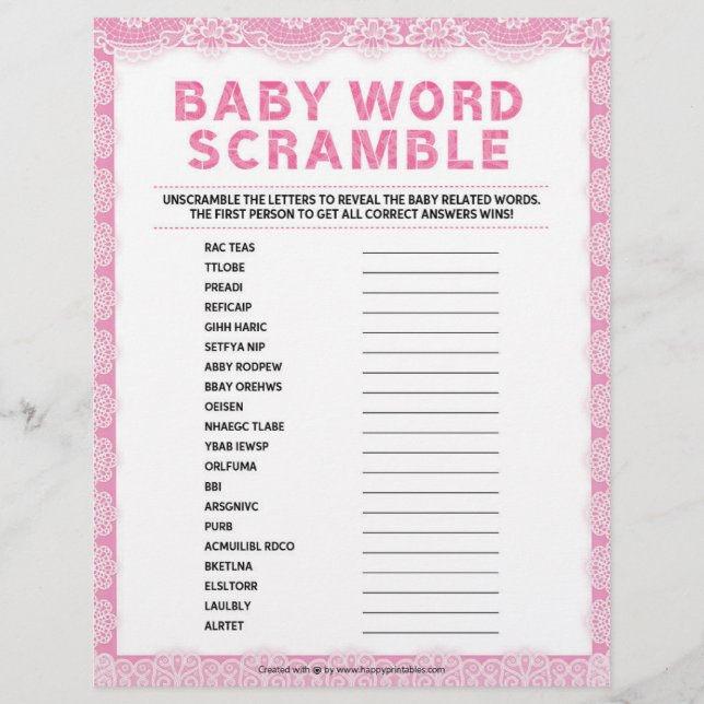 Baby Word Scramble [Luxury Lace [Pink]] Custom Letterhead (Front)