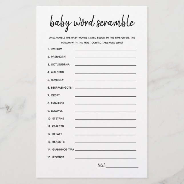 Baby Word Scramble Minimalist Baby Shower Game (Front)