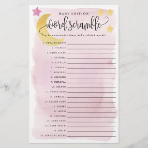 Baby Word Scramble Pink Over Moon Paper Game Card