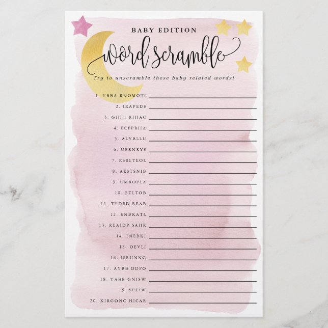 Baby Word Scramble Pink Over Moon Paper Game Card (Front)
