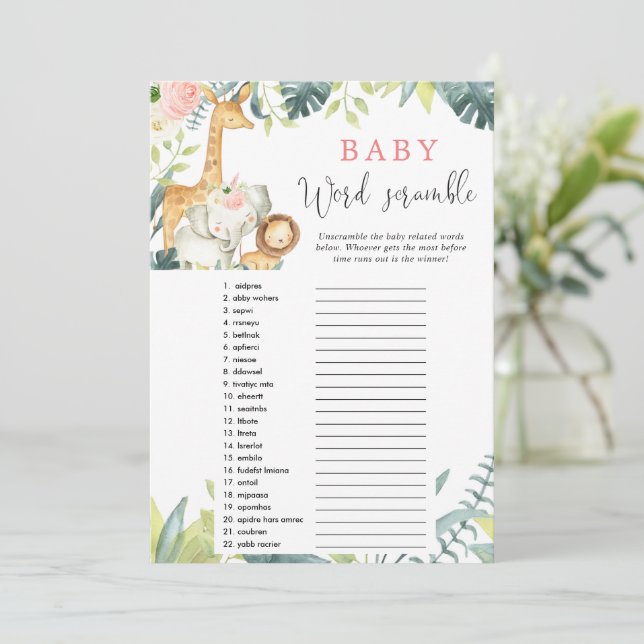 Baby word scramble safari baby shower game invitation (Standing Front)