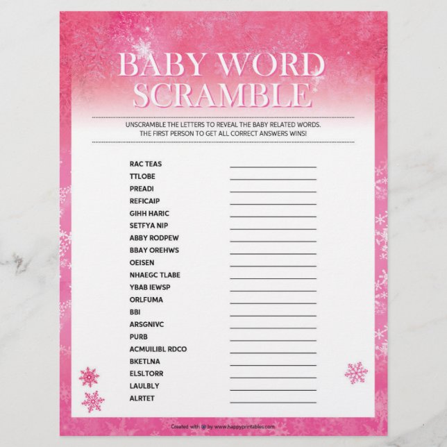 Baby Word Scramble [Snowy Pink] Custom Letterhead (Front)