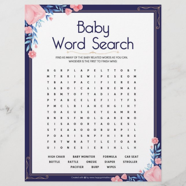 Baby Word Search [Floral Frame] Custom Letterhead (Front)