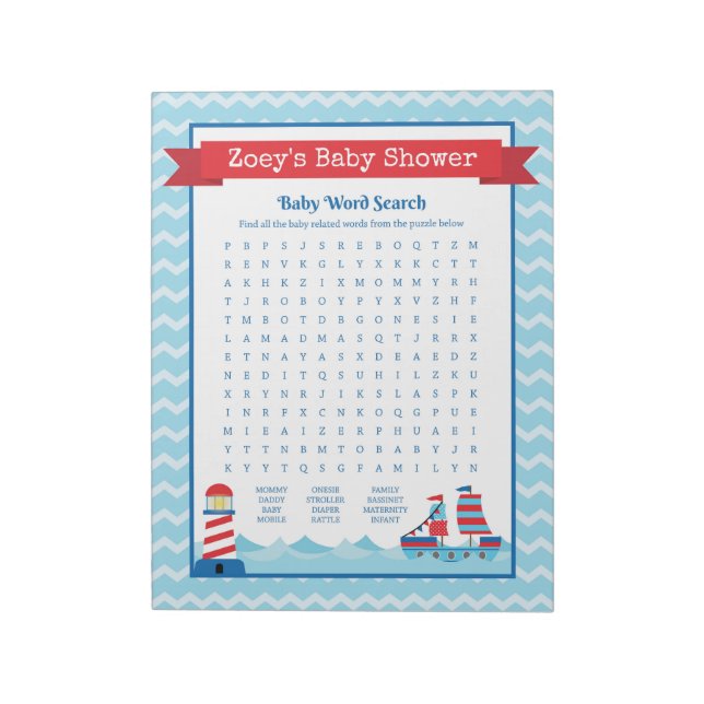Baby Word Search Nautical Theme Baby Shower Game Notepad (Rotated)