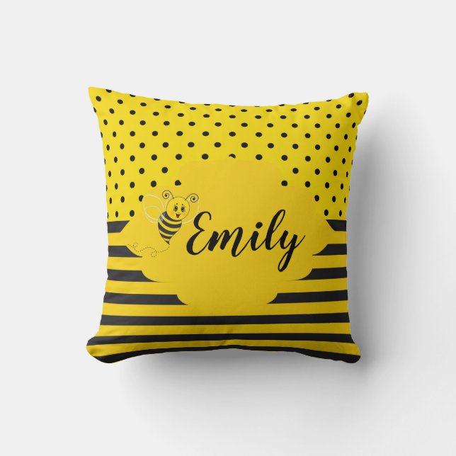 Baby Yellow Black Bumble Bee Striped Polka Dot Cushion (Front)