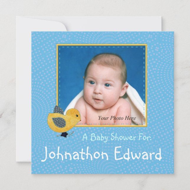 Baby Yellow Chick Blue Photo Baby Shower Invitation (Front)